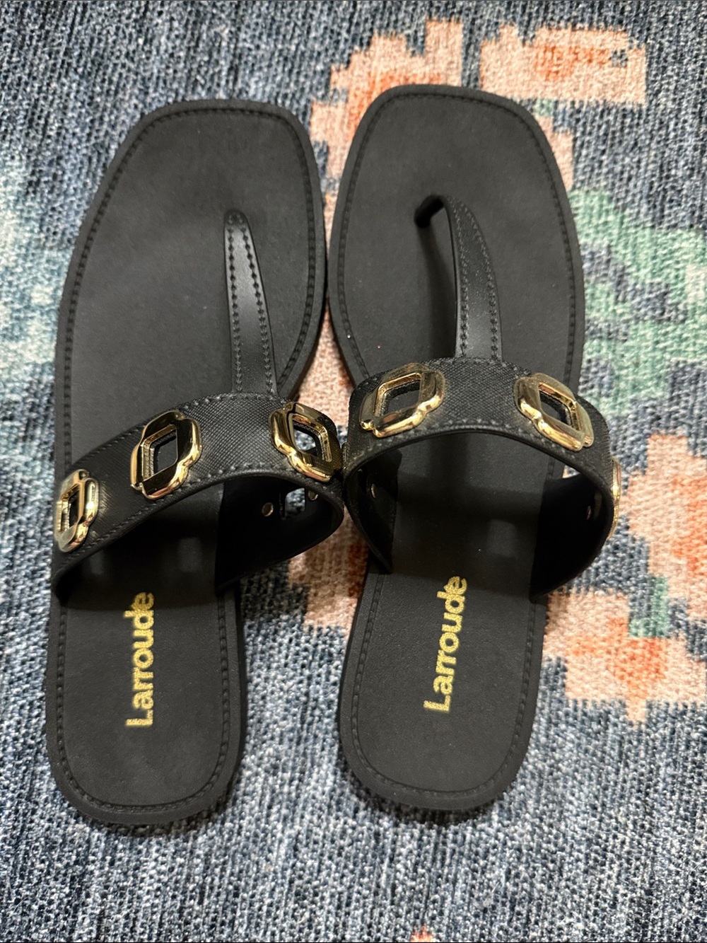 Larroude Black Slide Sandals with Gold Chain Accents